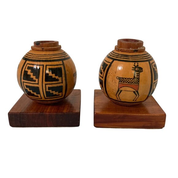 Native American Gourd Candle Candlestick Holders Deer Pueblo Inspired Design - Picture 2 of 7